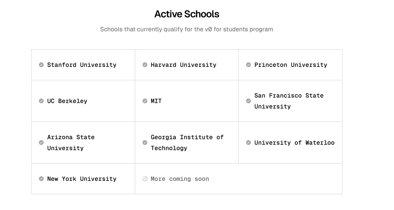 Detailed code view in v0 showing React and Tailwind CSS syntax for students